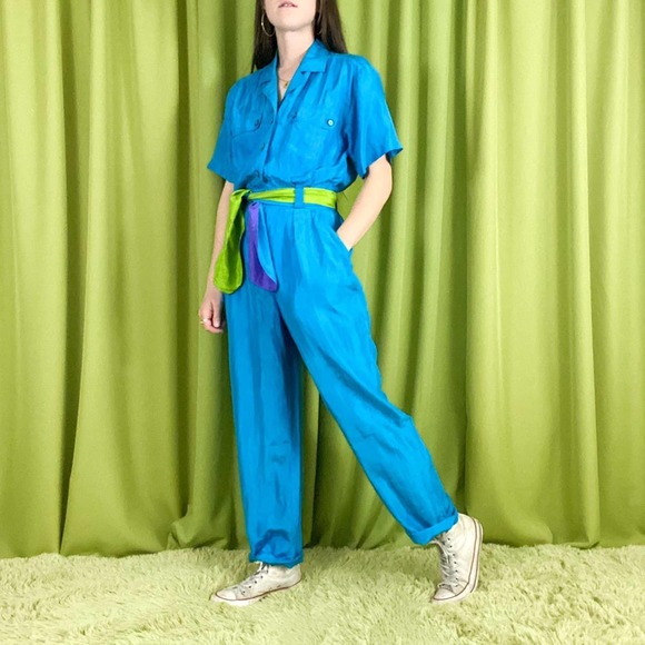 80s Vintage Blue Purple and Green Short Sleeve 100% Silk Coveralls Jumpsuit - Picture 3 of 5